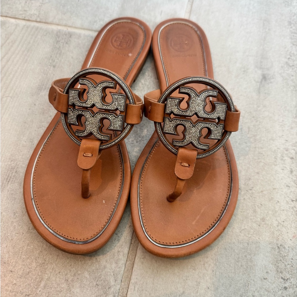 Tory Burch Tan Leather Sandals with Silver Details